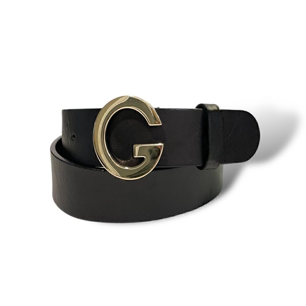 Gucciwomens Champagne Gold G Buckle Black Leather Belt |Size: 32â|